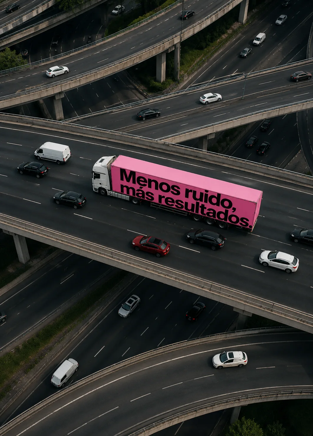 Vista aérea de un nudo de autovías con un tráiler rosa que lleva el mensaje «Menos ruido, más resultados» entre el tráfico