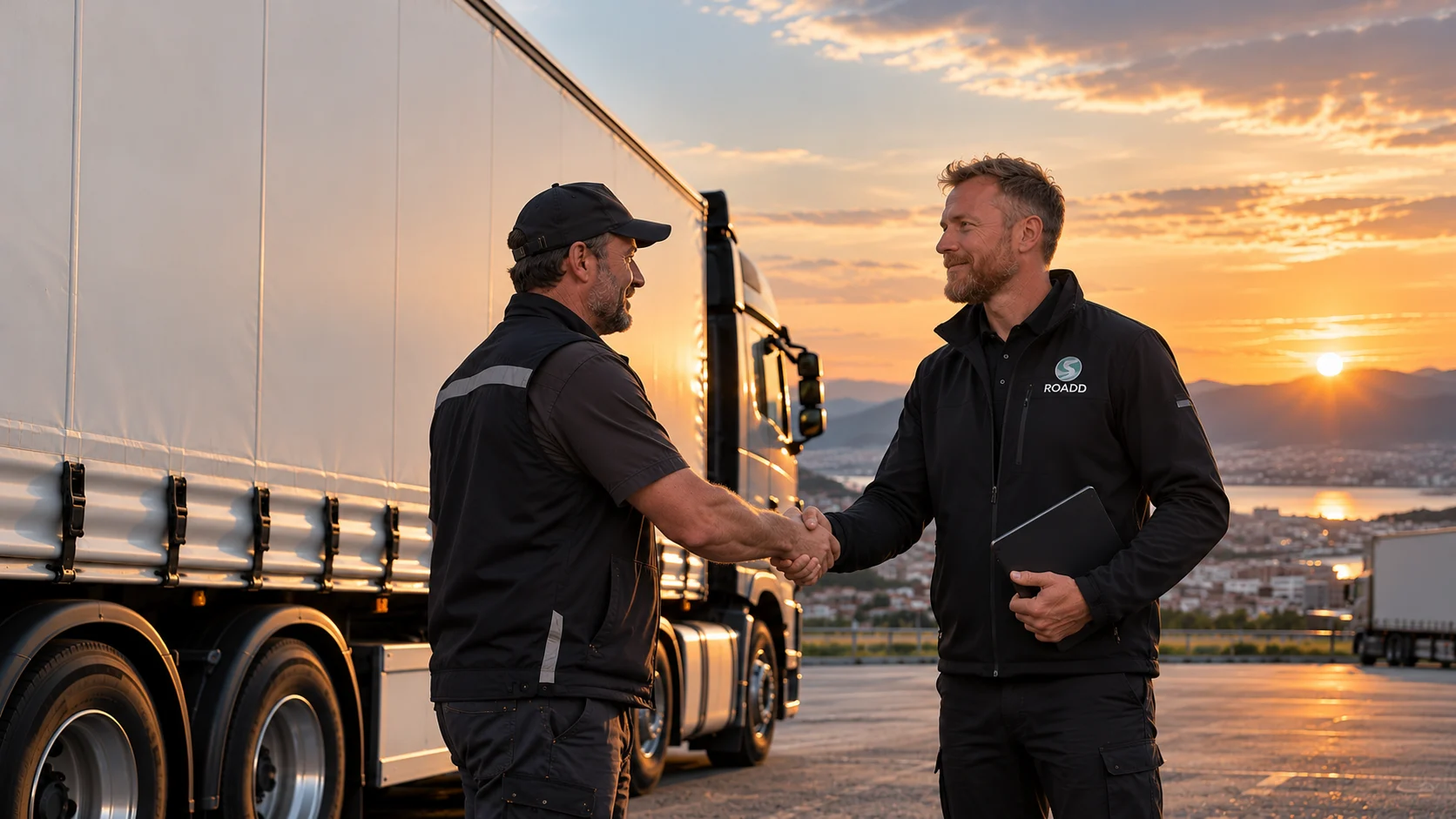 Transportista y responsable de ROADD dándose la mano junto a un tráiler al atardecer